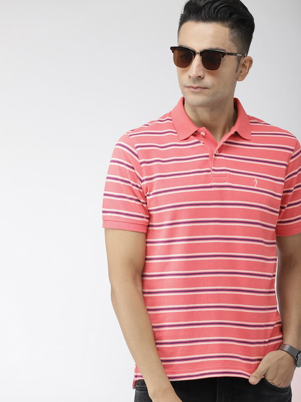 Mens Coral Stripes Polo Collar T-Shirt